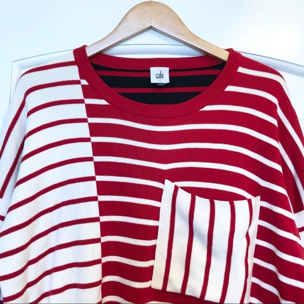 🌈 6/$60, Cabi Pocket Pullover, Striped Sweater, Red, White, Black, Size Medium - Picture 6 of 7